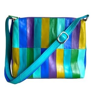 Vtg Y2K ili New York Crossbody Shoulder Bag Multi Striped Leather Multicolor